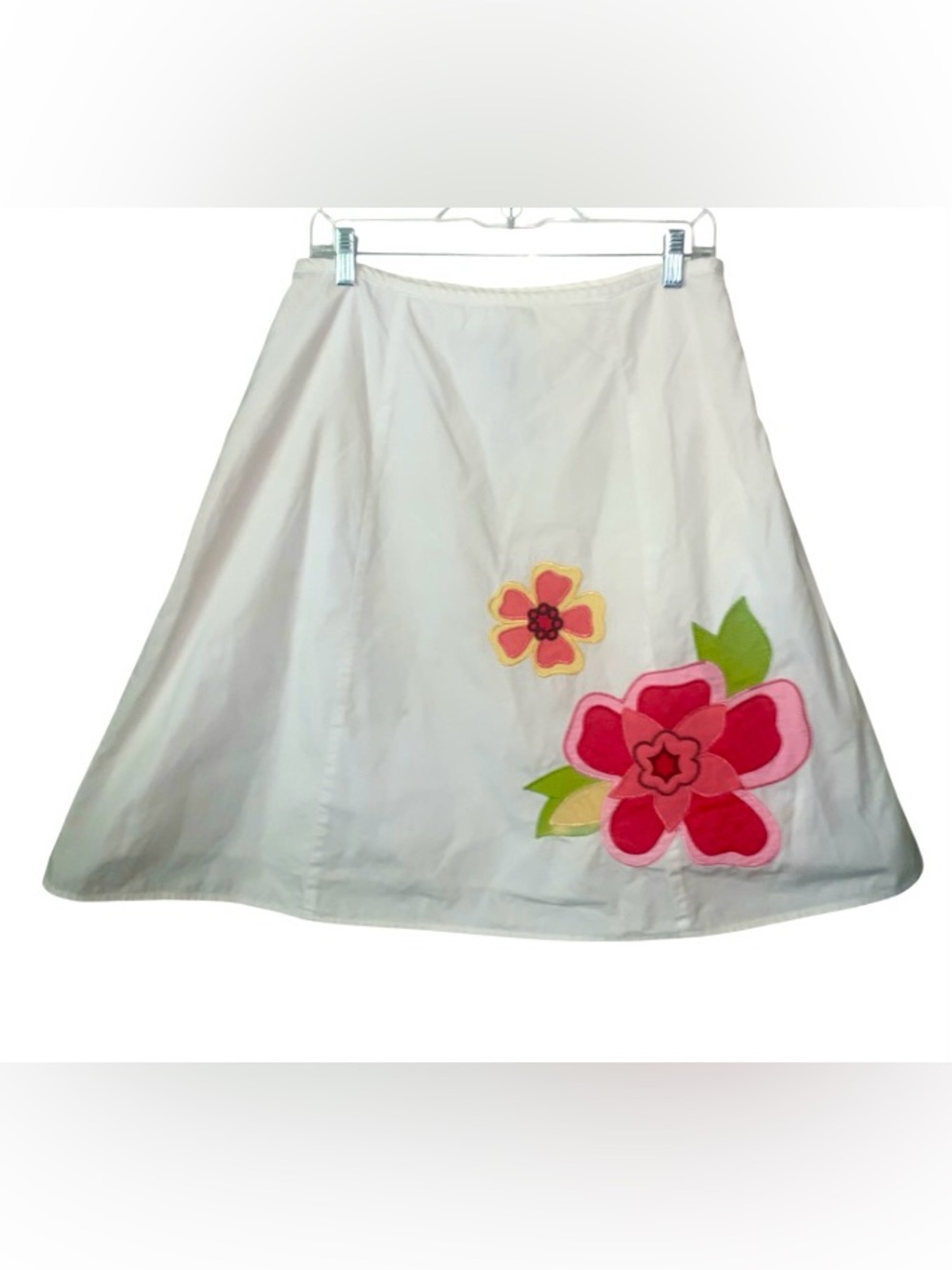 George White A-Line Skirt with Pink Floral Appliqués